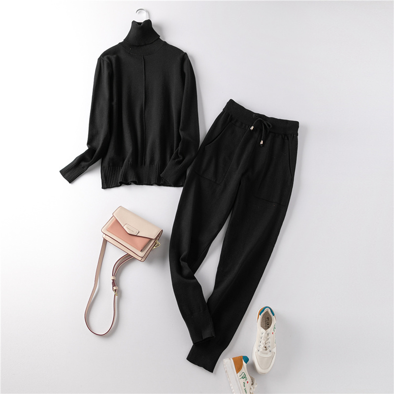 Women Knitted Tracksuit Turtleneck Sweater 2 Pieces Set Autumn Winter Pullovers Vertical Line And Elastic Feet Pants Suit Femme 201119