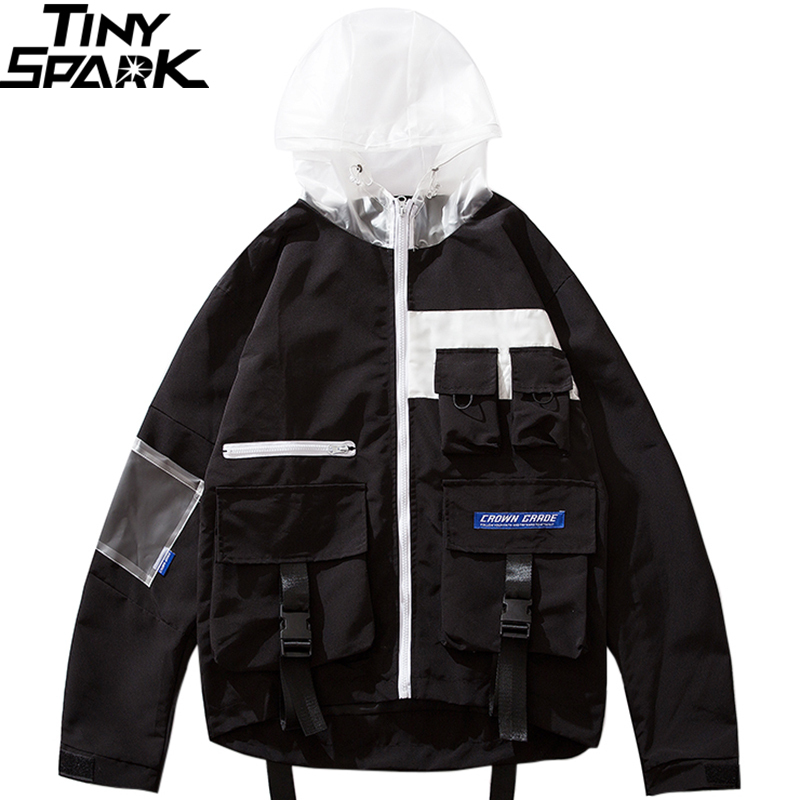 Men Jacket Windbreaker Hip Hop Streetwear Harajuku Hood Jacket Buckle Ribbon Multi Pocket 2019 Autumn Zipper Track Jacket Hoodie T200603