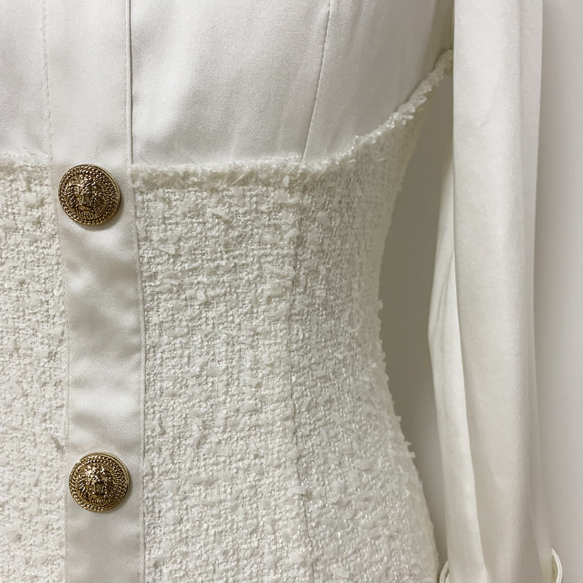 HIGH STREET New Stylish ner Dress Women's Long Sleeve Satin Tweed Patchwork Lion Buttons Dress 201125