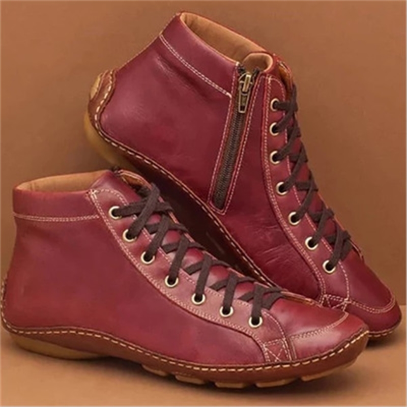 STS Women's Casual Boots Flats Bottom Zipper Leather Vintage Fashion Short Boot Comfortable Soft Outdoor Footwear Plus Size 201022