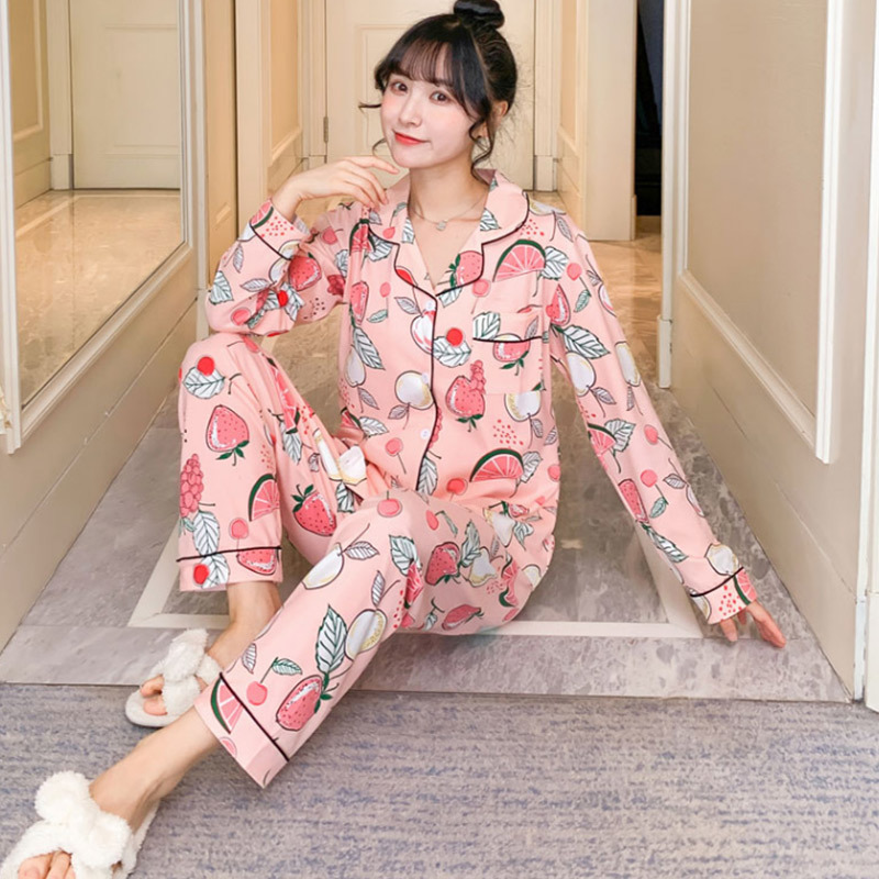 Spring Print Womens Home Wear Pink Long Sleeve Pocket Sweet Pajamas Sets Female Sleepwear Autumn Casual Ladies Home Clothes 201031