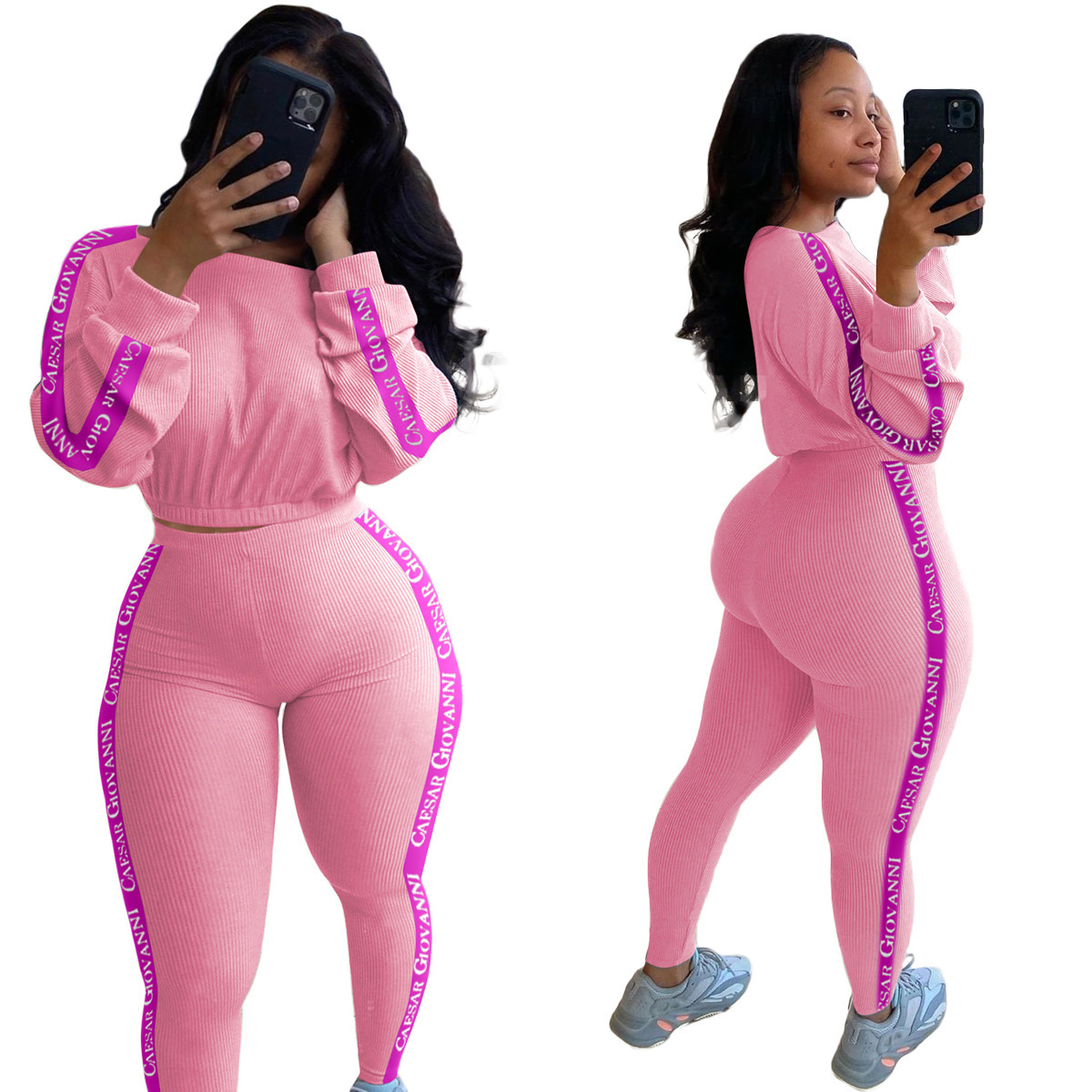 Women Clothes Tracksuits Two Pieces Set Letters Printed High Waist Long Sleeve Top Trousers With Webbing On The Sides Casual Suits Sportwear