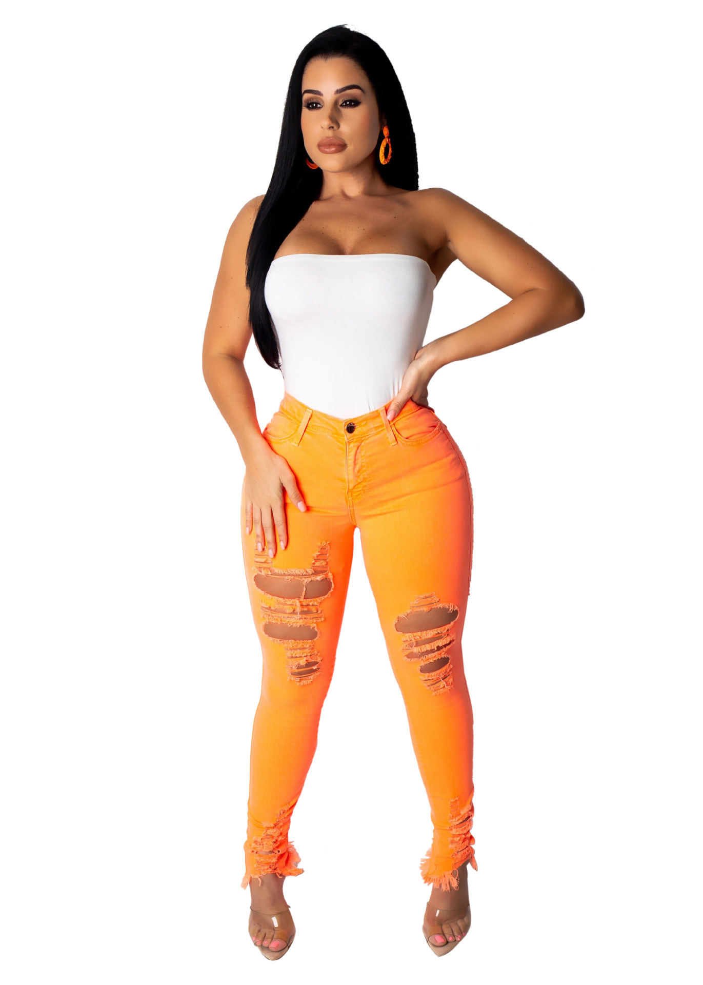 XXL Neon Green Orange Sexy High Waist Jeans Pants Women Stretchy Holes Casual Denim Trousers Streetwear Plus Size Pencil Pants 201014