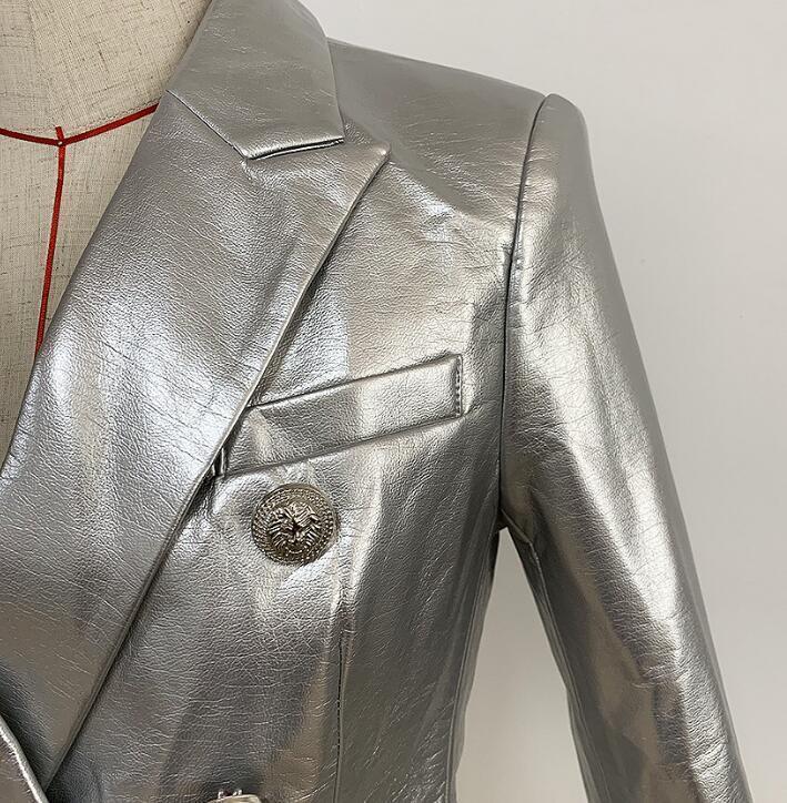 DEAT Autumn Winter Silver Double Breasted Button Outerwear Faux Leather Jacket Women Slim Blazer MG533 201030