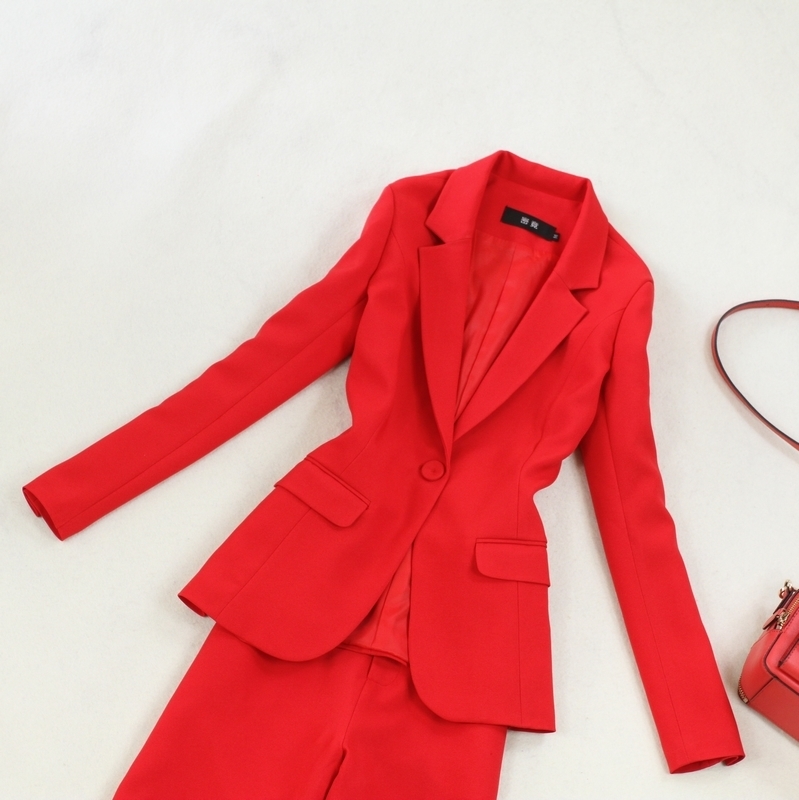 Classic Single buckle red Suit women's Pant Suits Notched Collar Blazer Jacket & Wide leg pants Office Ladies Female Sets T200818
