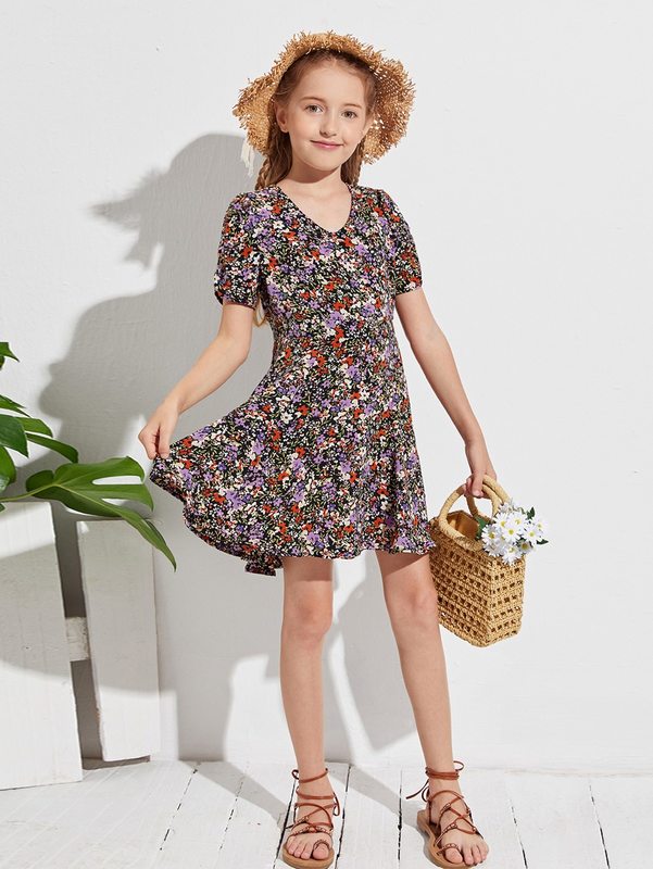 Girls Ditsy Floral Puff Sleeve Dress SHE