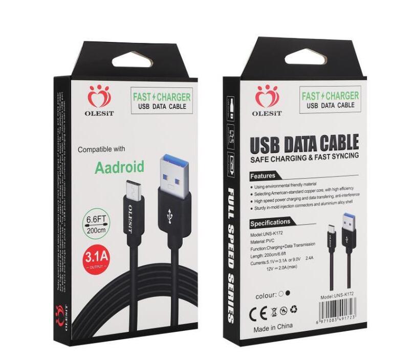 Olesit 2M 6.6FT 3M 10FT 3.1A fast charger Micro USB Cable Data type-c cable for samsung huawei htc LG with package box, White
Olesit 2M 6.6FT 3M 10FT 3.1A fast charger Micro USB Cable Data type-c cable for samsung huawei htc LG with package box, White