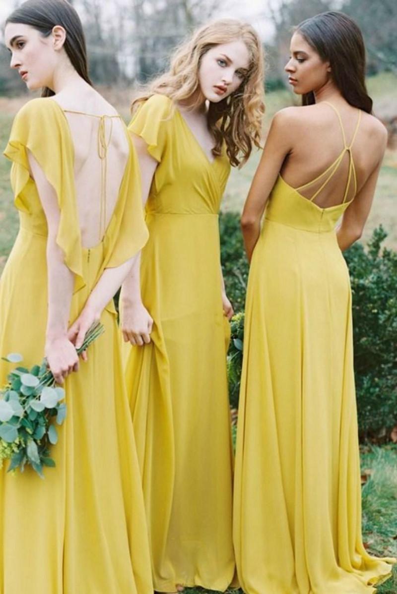 Yellow Bridesmaid Dresses Halter Chiffon Custom Made A Line Short Sleeves Maid Of Honor Gown Country Beach Wedding Party Vestidos Formal Ocn Wear