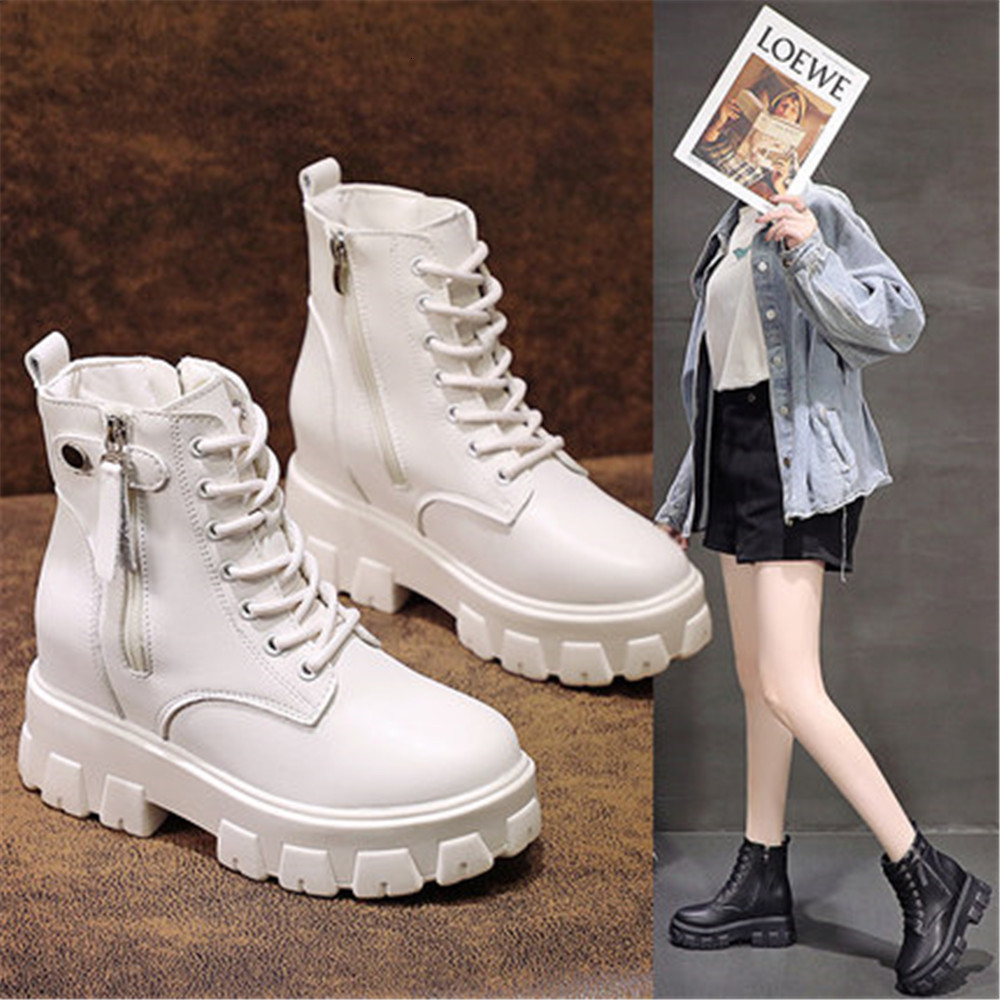 New Female 2021 Boots Winter Ladies 8 in High Leather Women's Chunky Black Shoes 04OF