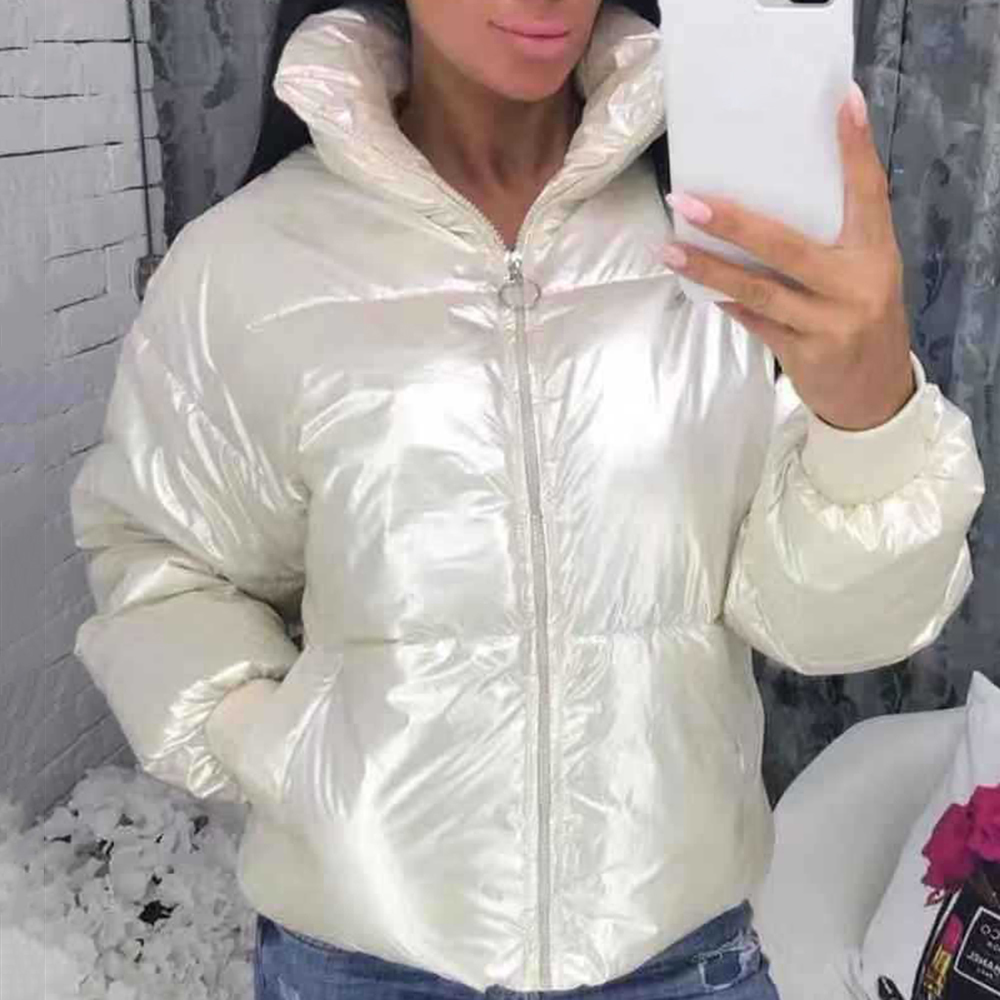 NIBESSER 2019 Glossy New Winter Cotton Padded Jacket For Women Thick Bright Black Short Shiny Jacket Yellow Red Cotton Parkas T200114