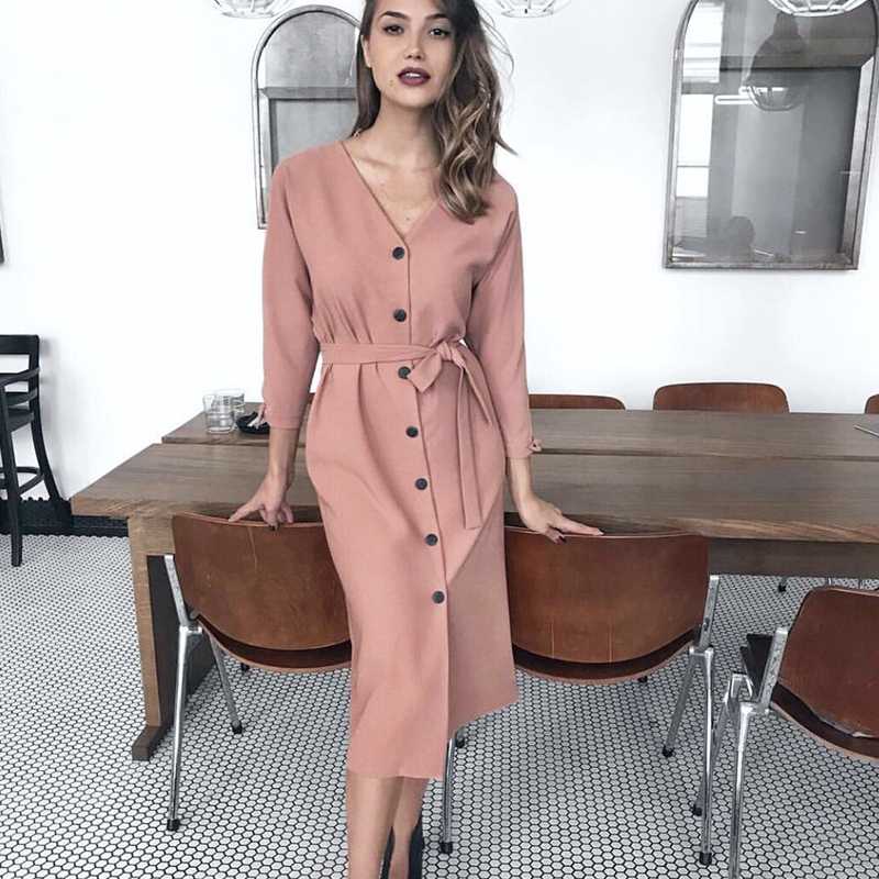Women Midi Dress Vintage Sexy v Neck Autumn Long Sleeve Women Dress New Fashion Ladies Sashes Button Casual Office Dress 201125
