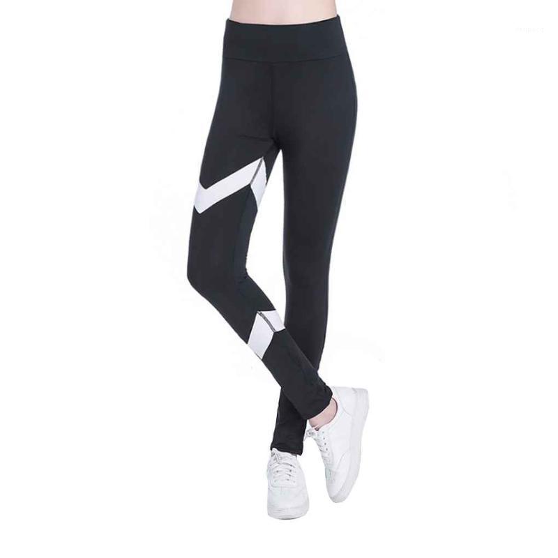 Women Printed White Striped Sports Leggings Elastic High Waist Fitness Yoga Pants1, Black