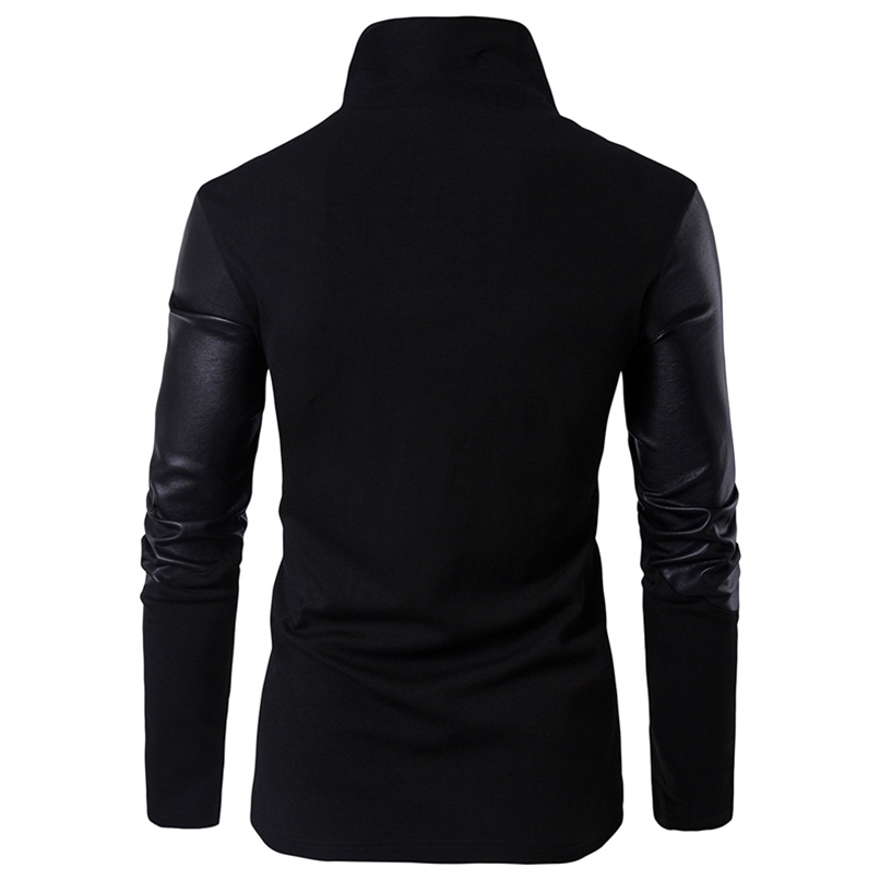 Turtleneck Sweater Men Fashion Patchwork PU Leather Sleeve Long Mens Cardigans Casual Slim Zipper Black Pull Homme 201221