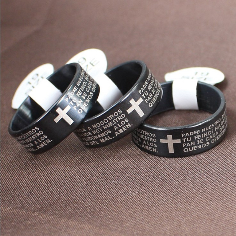 Fashion Stainless Steel Men Ring Scripture Cross Bible Text Jesus Tattoo Christianity Cross Letter Rings Diameter 16-22mm Jewelry Gift