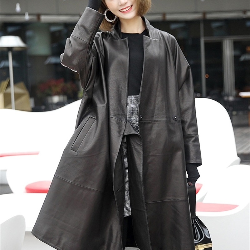 Lautaro Black oversized jacket batwing sleeve Casual soft loose wrap coat Plus size faux leather streetwear women Y201001