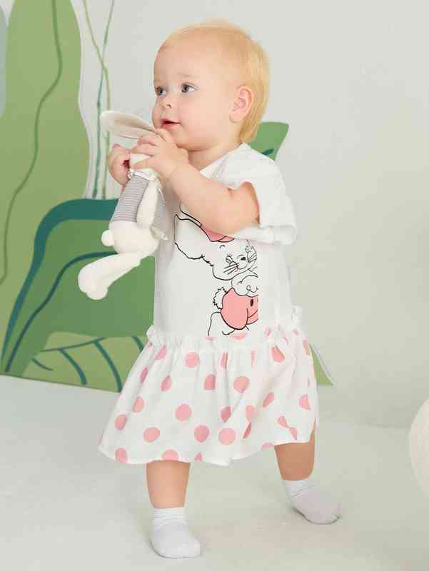 Baby Polka Dot & Cartoon Graphic Ruffle Trim Frilled Smock Dress SHE