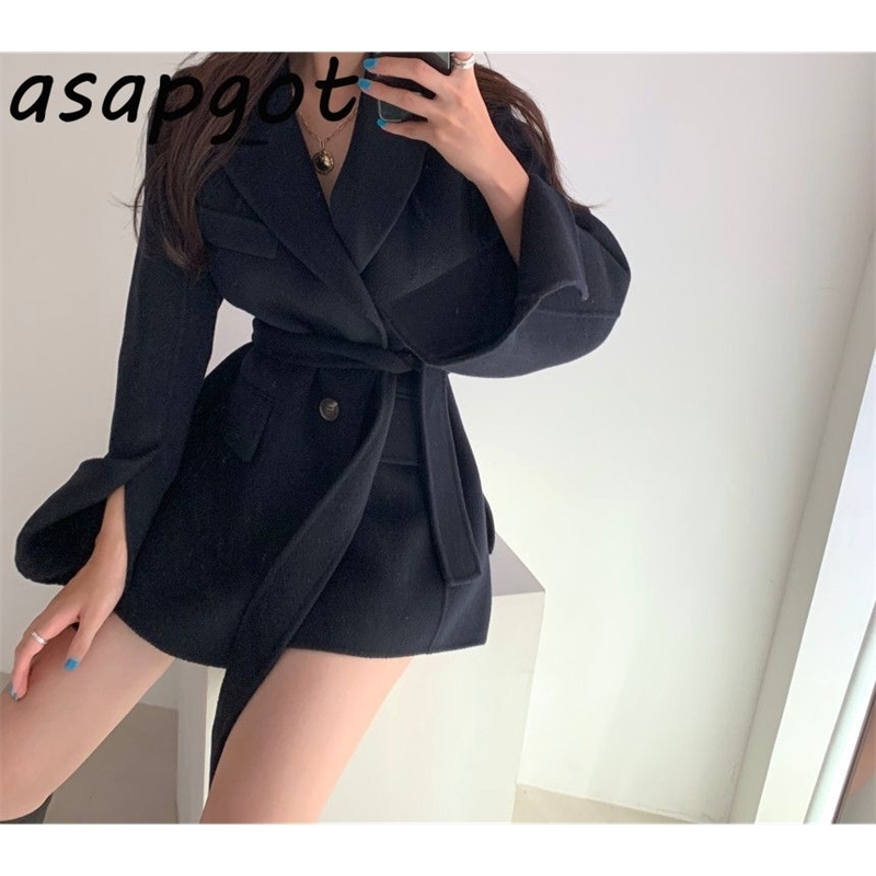 Elegant Temperament Waist Lace Up Slim Vintage Casual Woolen Loose Casual Thick Lapel Long Sleeve Jackets Women Winter Coat Belt 201112