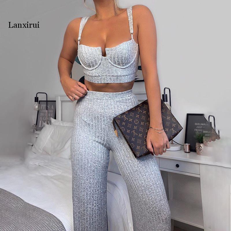 Lanxirui Sexy Knitted Two Piece Set Crop Top and High Waist Wide Leg Pants Suit Fall Winter Matching Sets Club Outfits T200821
