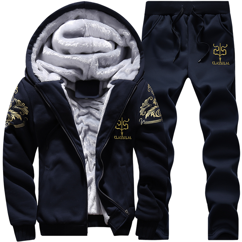 Men's Tracksuits Thicken Men Tracksuit Set Cardigan Winter Fleece Hood JacketPants Sweatshirts Male 2 Piece Sets Hoodies Sporting Suit Coat 22090