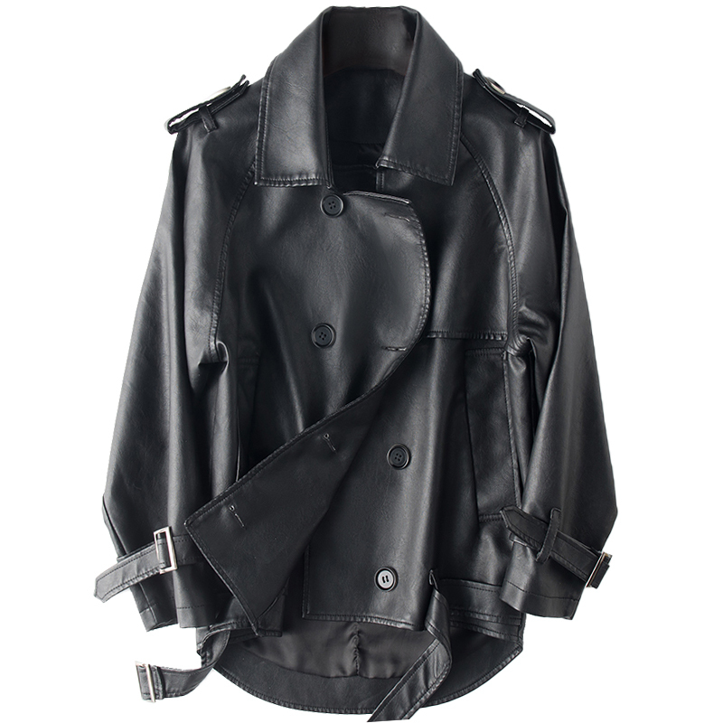 Lautaro Black faux leather trench coat for women raglan sleeve women fashion clothing Double breasted leather jacket women 201030