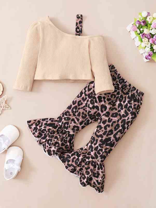 Baby Asymmetrical Neck Ribbed Knit Top & Leopard Flare Leg Pants SHE