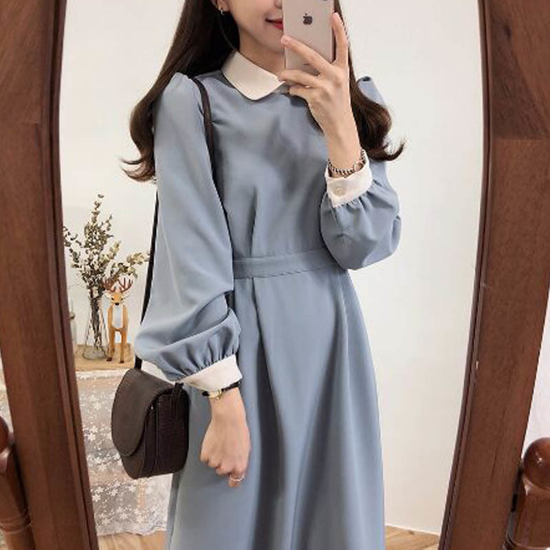 NORMOV Autumn Winter Long Hot Women Fashion Dress Solid Color A Line Patchwork Vintage Peter Pan Colla Knee-Length Dress 201008