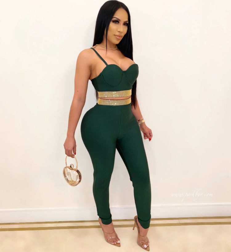 High Quality Red Green 2 Pieces Set Crystal Rayon Bandage Set Evening Party Set 201008