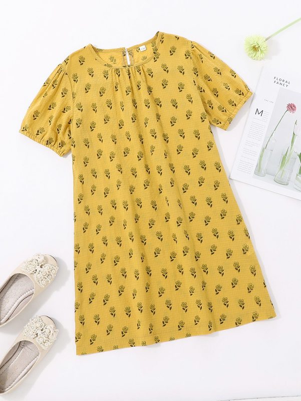 Girls Ditsy Floral Print Puff Sleeve Keyhole Back Dress SHE