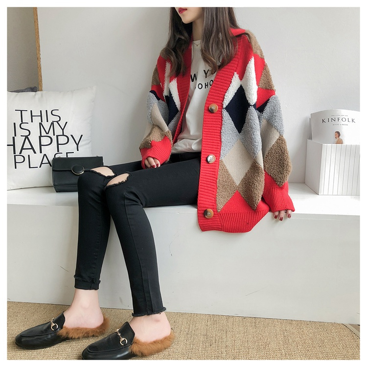 Women's Sweaters Autumn Winter fashionable Casual Plaid V-Neck Cardigans Single Breasted Puff Sleeve Loose SW658 201222