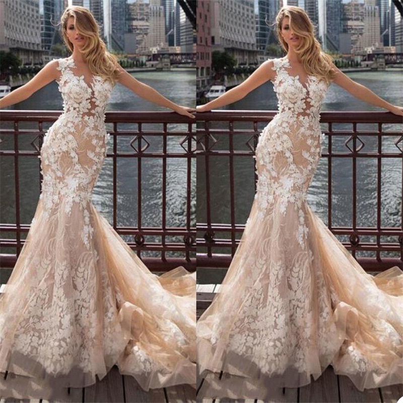 Champagne Mermaid Wedding Dresses Sleeveless Full Appliqued Lace Tulle Bridal Dress Beach Boho Sweep Train Vestidos De Novia Cheap