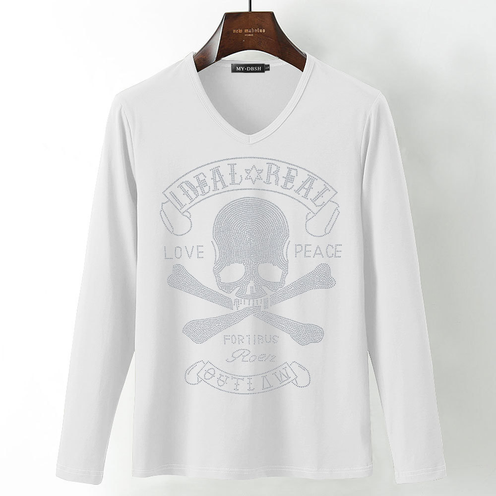 New Skull hot diamond T shirts Stretch Cotton Long sleeve T-shirt Gothic Style men's high quality rhinestone Tshirt Big size 5XL 201202
