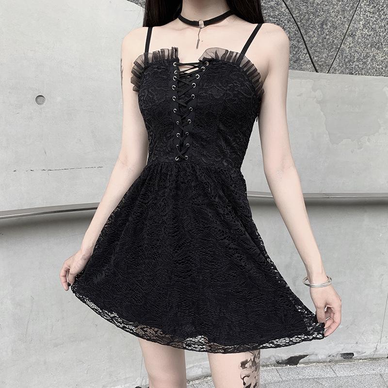 Black Punk Woman Lace Bandage Dress 2020 Lady Gothic Hollow Out Ruffles Empire Backless Vestidos Mini Dresses A-line Chic Sexy
Black Punk Woman Lace Bandage Dress 2020 Lady Gothic Hollow Out Ruffles Empire Backless Vestidos Mini Dresses A-line Chic Sexy