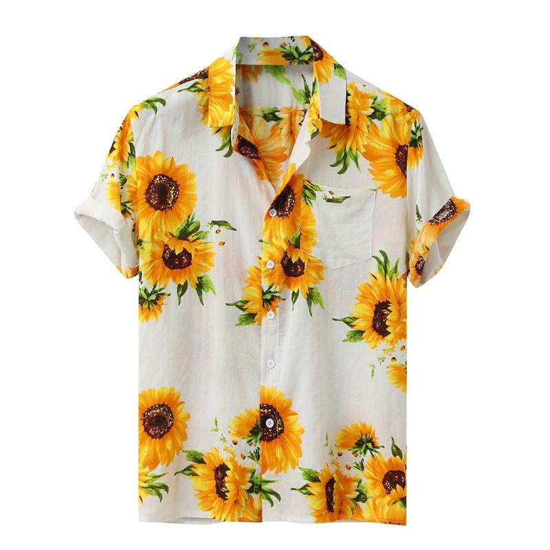 Fashion Plus Size Shirts Mens Summer Sunflower Pattern Shirts Casual Short Sleeve Beach Loose Blouse 2020 Hawaiian Shirt #31