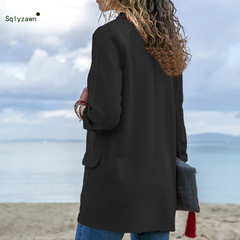 Women Long Sleeve Thin Coat Fashion OL Solid Color Jacket Office Ladies Slim Jackets Patchwork Open Stitch Black Red Blue T200319