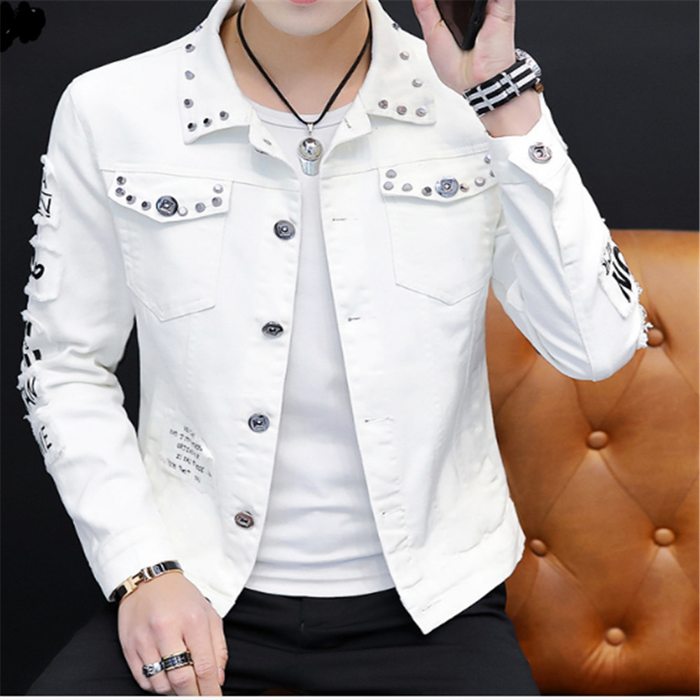 Spring Autumn Men's Ripped Denim Jacket Rivet Coat Cowboy Parka Jans Lapel Single-Breasted Outwear Tops 201123