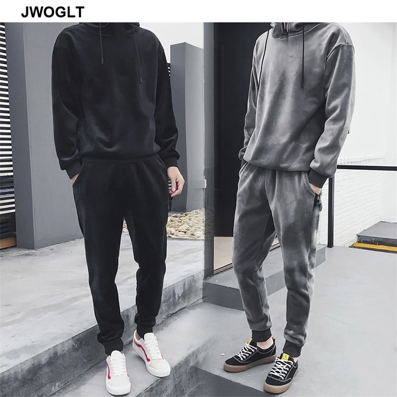 Autumn Winter Soft Warm Men Velour Tracksuit Korean Fashion Gold Velvet Track Suit Hoody Hoodies and Jogger Pants 2Pieces Outfit 201210
