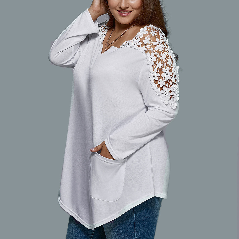Plus Size Fashion Summer Lady Lace Women Girls Long Sleeve T-shirt Casual Top V-Neck Solid Lace Large Size Woman Clothes 6XL 7XL 201028