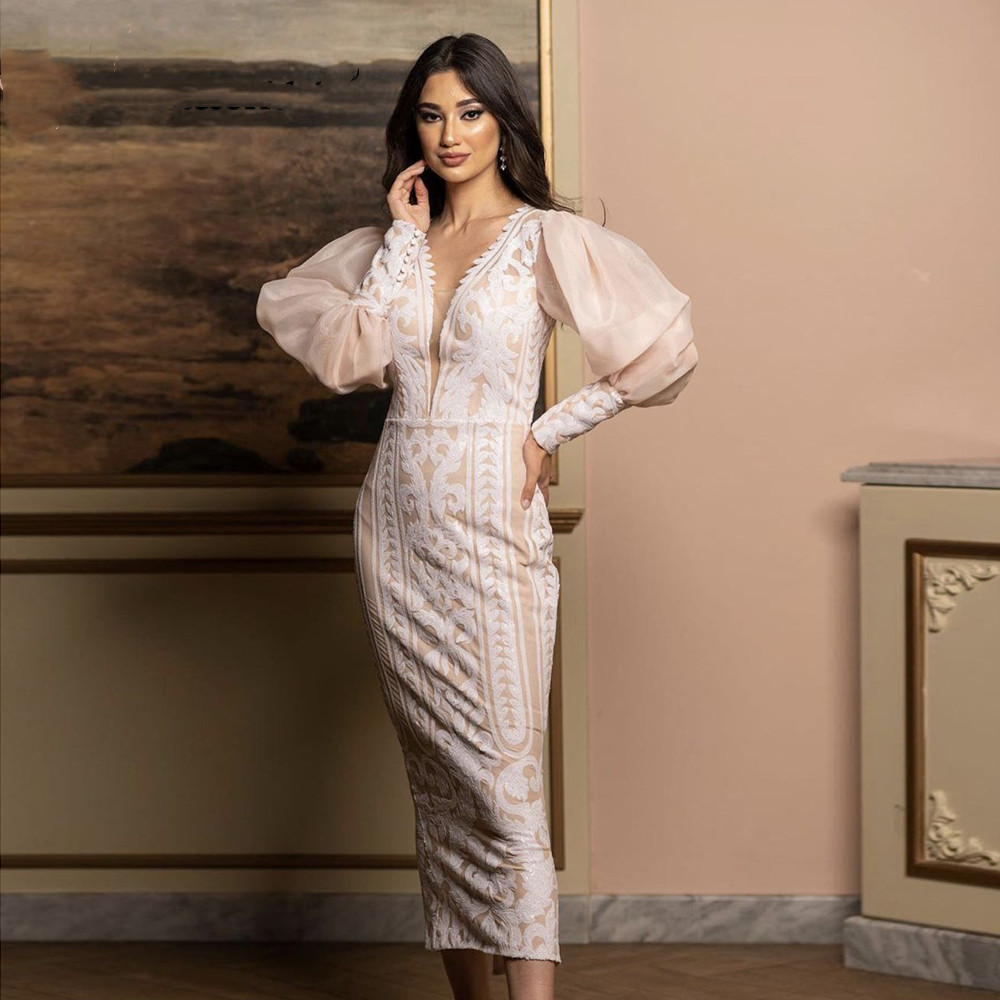 Classic Mermaid Evening Dresses With Deep V-neck Long-sleeves Applique Race Formal Party Prom Dress For Arabic Women Vestidos De Novia