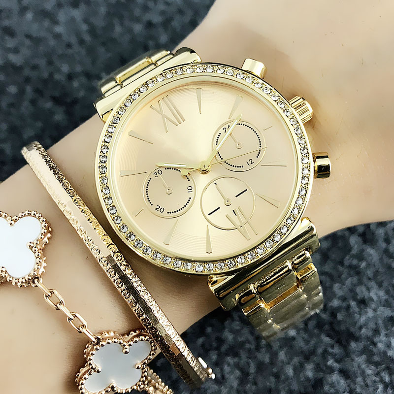 Fashion design women Girl 3 Dials style Metal steel band Quartz Watch M47