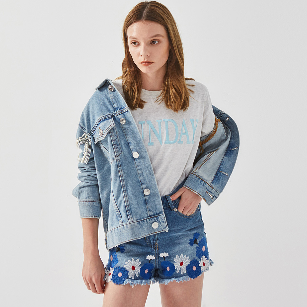 Pearls Embellished Denim Jacket for Women Light Blue Vintage Jacket Coat Bead Embroidery Autumn Winter Outwear 21114