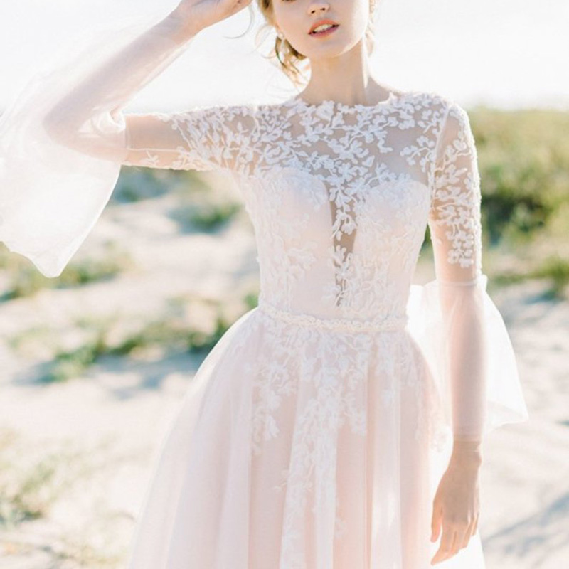 Long Bell sleeves Country Wedding Dresses Apliques Lace Sexy Open Back Illusion Garden Boho Beach Bridal Gowns Cheap Plus Size Wedding Dress