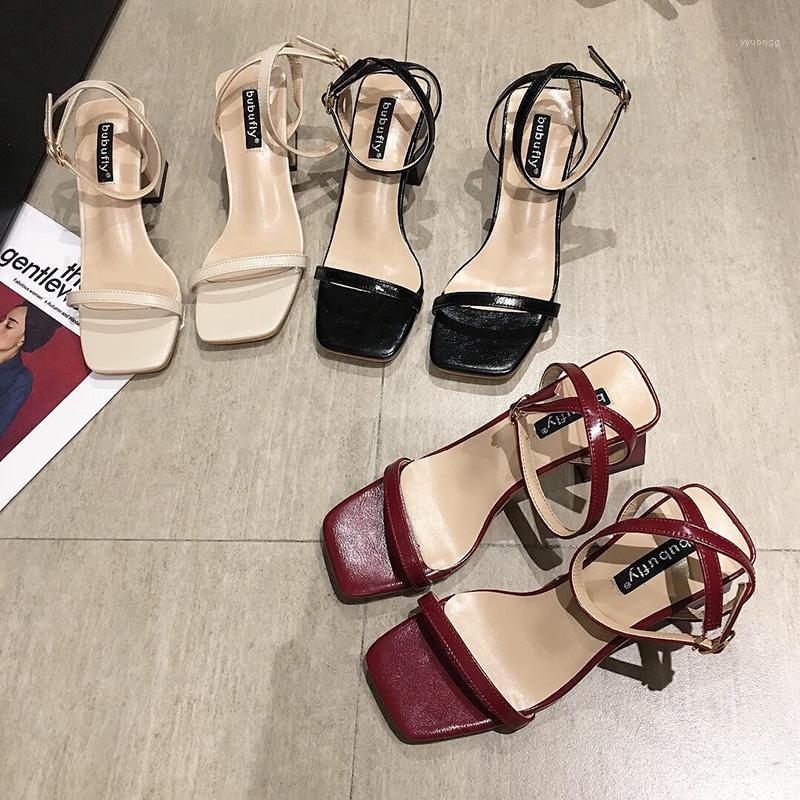 

Burgundy Leather Sandals Women Solid Block High Heels Summer Shoes Female Square Toe Roman Lady Casual Peep Toe Low Heels Shoes1, Wine red