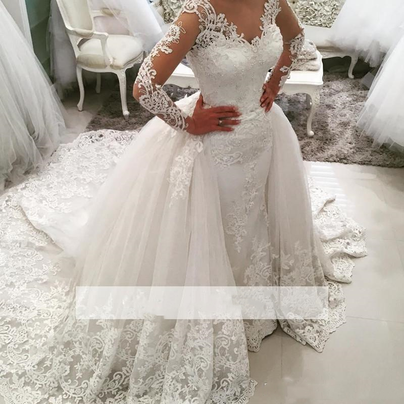 Luxury Country Lace Wedding Dresses Bridal Gowns with Detachable Train Overskirts Appliqued Long Sleeves Vintage V Neck Plus Size Bride Dress Vestido 