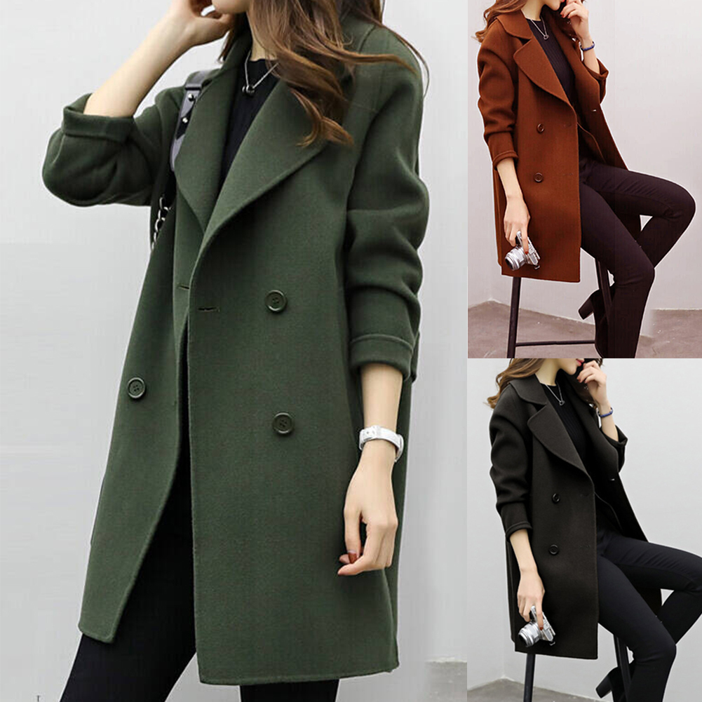 Women Coat Autumn Winter Thickening Fashion Double Breasted Artificial Wool Warm Slim Fit Daily Long Sleeve Turndown Collar T200114