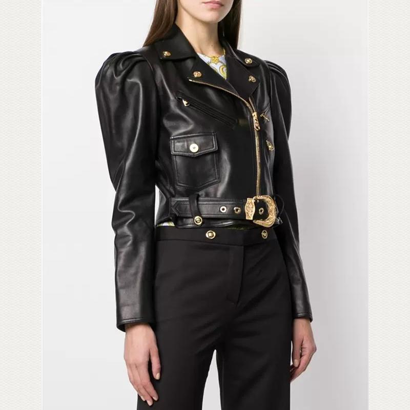 Natural Leather Women Lambskin Leather Bomber Biker Jacket Long Sleeves 100% Sheepskin Coat H715, Black