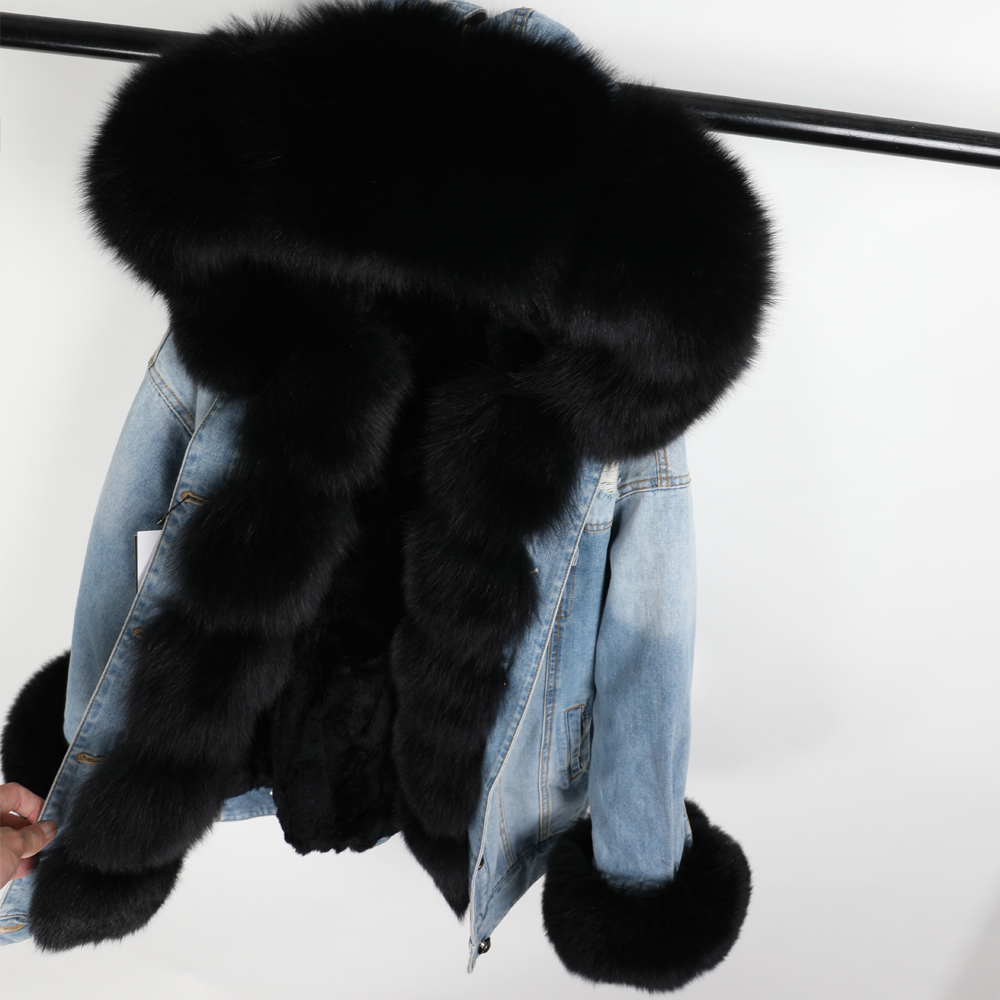 Winter Women Natural fur big fur collar Coat Denim loose fashion Fur detachable Rabbit lining Parka Leather Jacket 201127