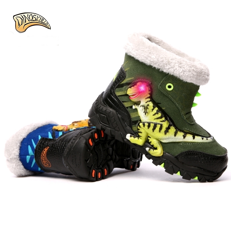 Dinoskulls kids warm boots lights for boys led boots luminous big dinosaur boots warm shoes for CHIldren snowshoes LJ201029