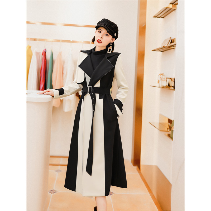 DEAT Woolen Coat Women Long Length With Sashes Slim Lapel Collar Hit Color High Street Slim Autumn Fashion AM617 201221