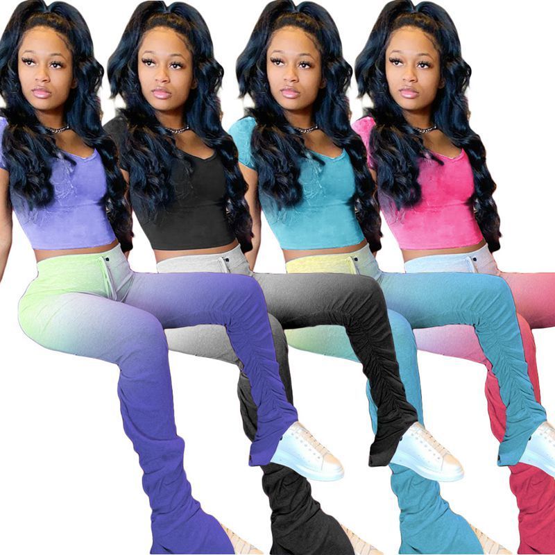 HAOYUAN Gradient Two Piece Set Summer Clother for Women Tracksuit Crop Top and Split Stacked Pants Sweat Suits Sexy Club Outfits T200603