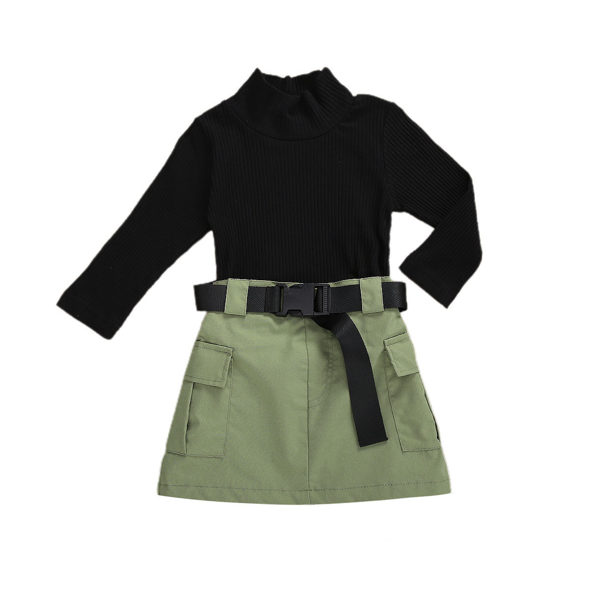 1-6Y Toddler Kids Baby Girls Clothes 3Pcs Outfit Set Long Sleeve Half Turtleneck Top Ribbed Solid Shirt + Work Skirt+Belt SetX1019